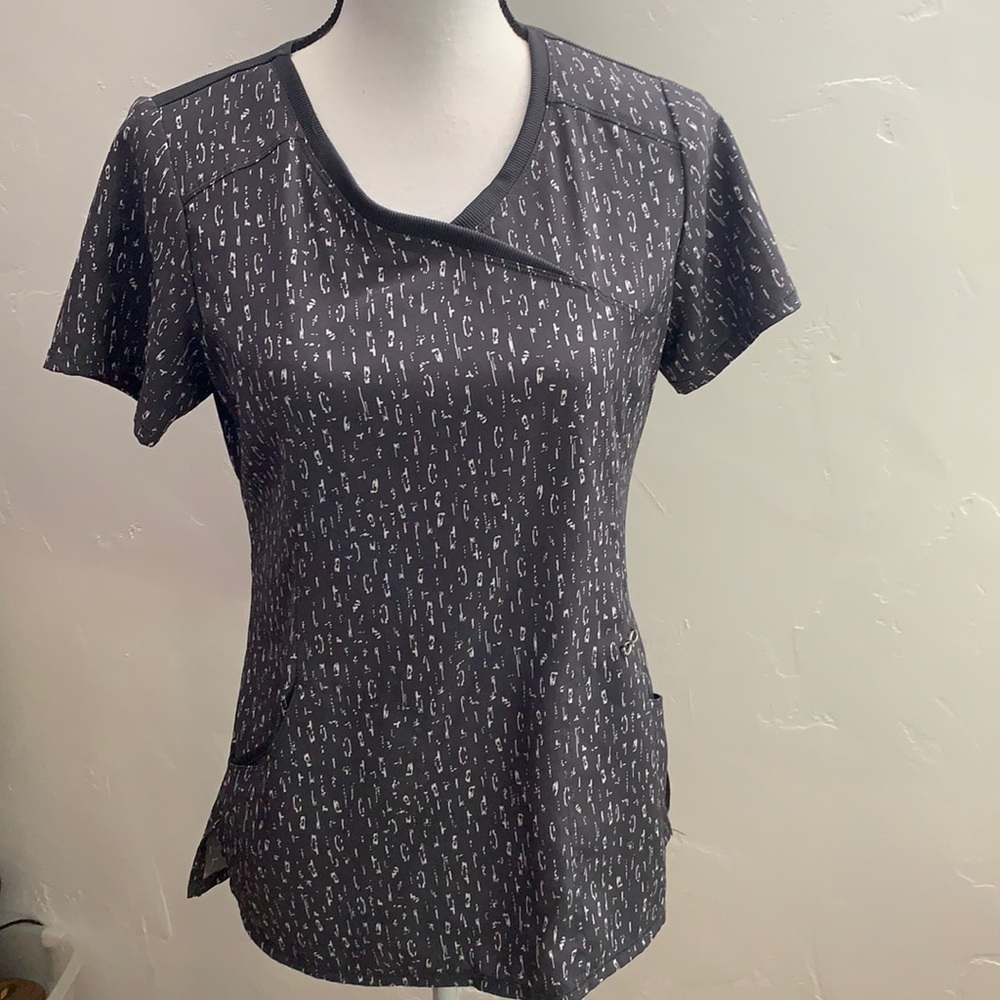 Cherokee Infinity Gray White stretchy Scrub Top S